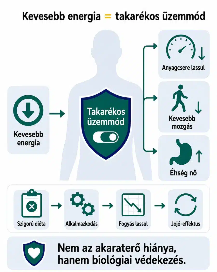 Ábra: ha kevesebbet eszel, a tested takarékos üzemmódba kapcsol. Lassul az anyagcsere, csökken a mozgás, nő az éhség, és a szigorú diétából így lesz jojó. Nem jellemgyengeség, hanem biológiai védekezés.