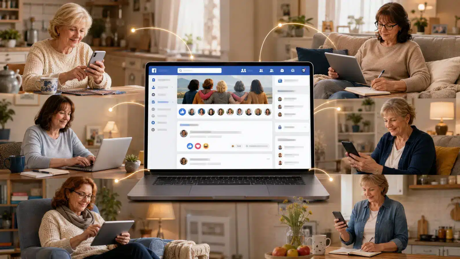 A zárt női csoport egy laptop képernyőjén, körülötte hat nő a saját otthonában, telefonnal, tablettel és laptoppal
